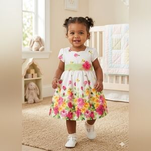 Iris & Ivy Floral Dress with Green Waistband Matching Diaper Cover Size 18M
